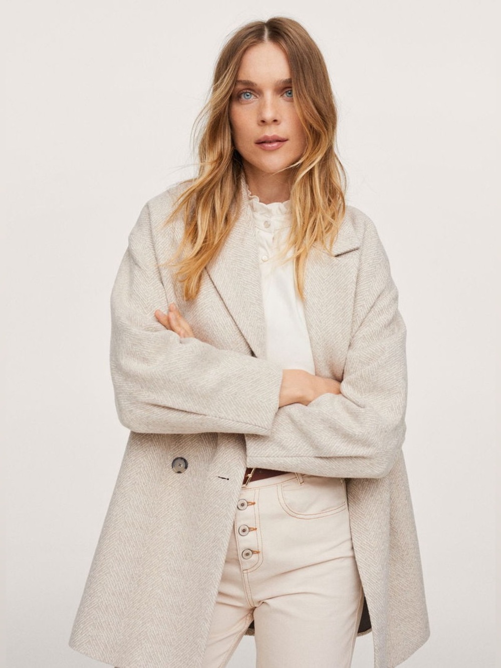Mango Wool Blend Herringbone Double Breasted Coat Neutral Beige Medium New NWT